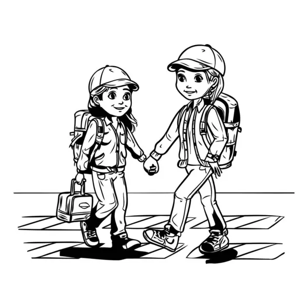 Αγόρι Και Κορίτσι Σακίδια Πάνε Σχολείο Εικονογράφηση Διανύσματος — Διανυσματικό Αρχείο