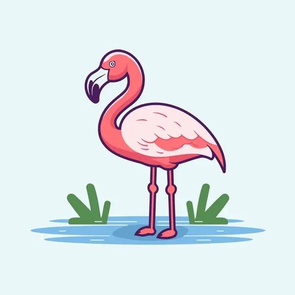 Pembe Flamingo Çizgi Film Tarzında Vektör Illüstrasyonu Mavi Arkaplanda Izole — Stok Vektör