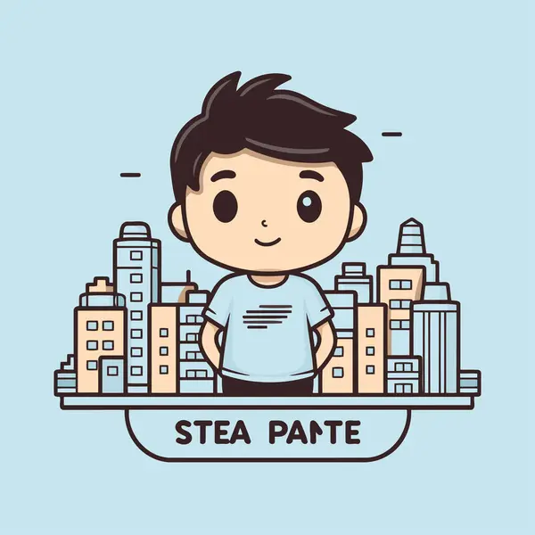 Stay Home Vector Illustration Boy Shirt Standing Front City — Stock Vector