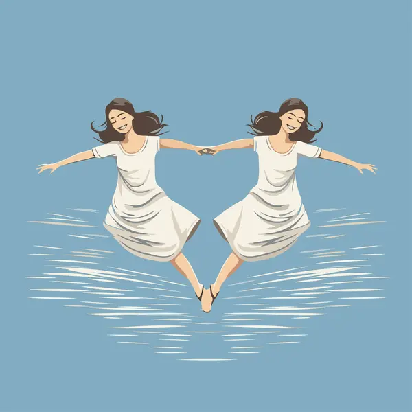 Две Счастливые Девушки Белом Платье Прыгают Воде Векторная Иллюстрация — стоковый вектор