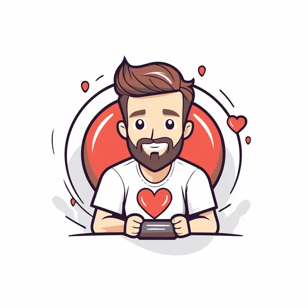 Valentine Day Vector Illustration Cartoon Man Holding Red Heart Playing — Stock Vector