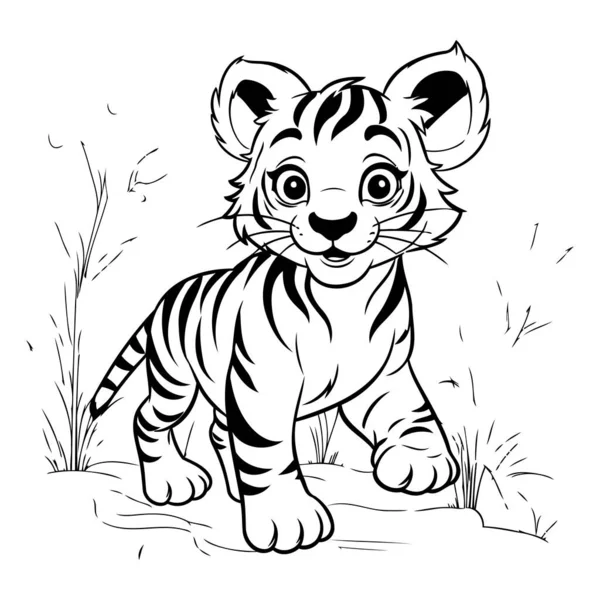 Schwarz Weiße Vektorillustration Eines Tigerjungen Der Gras Steht — Stockvektor