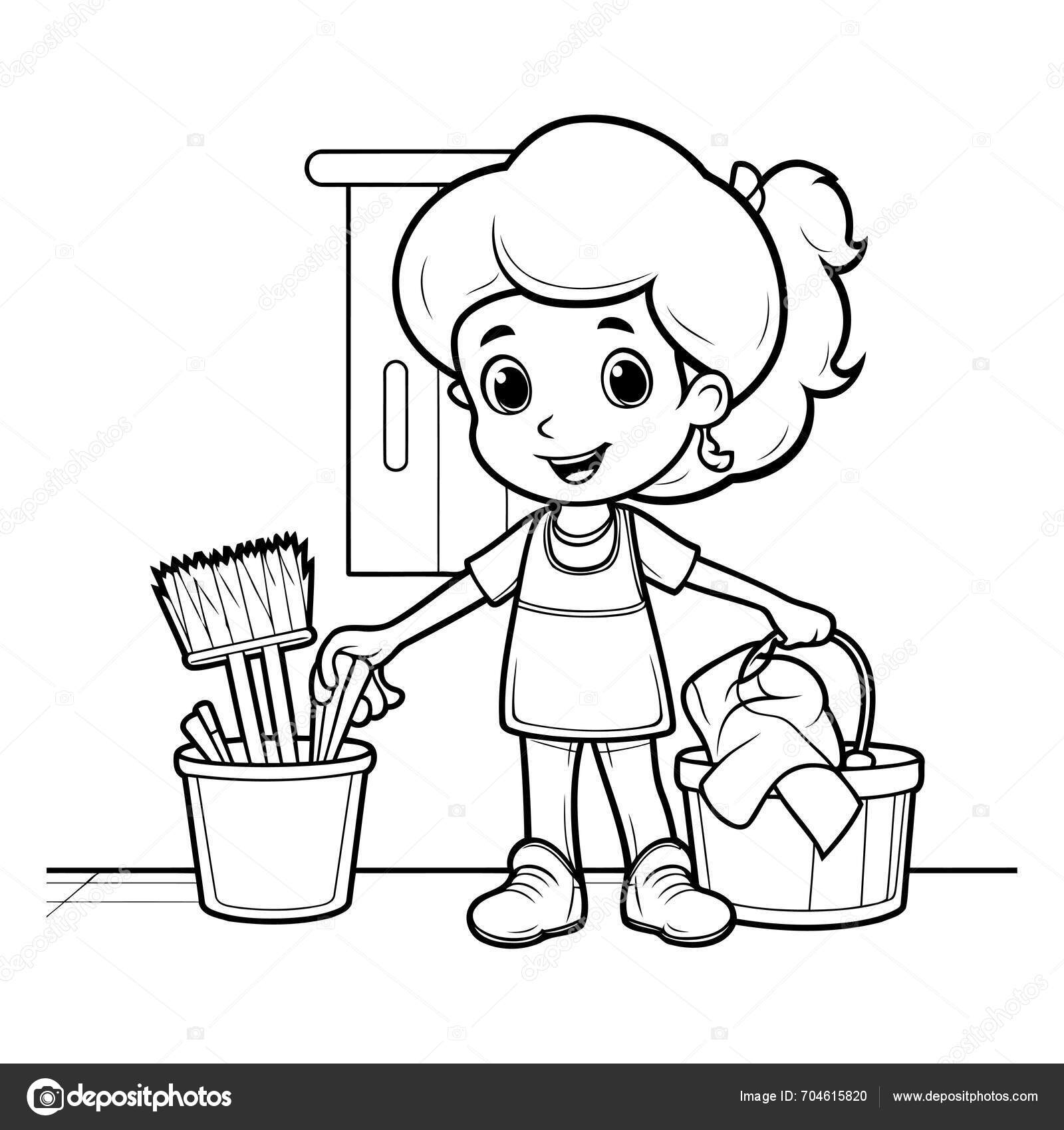 Coloring Page Outline Cartoon Girl Cleaning House Vektor Stok Oleh coloring-page-outline-cartoon-girl-cleaning-house-vektor-stok-oleh