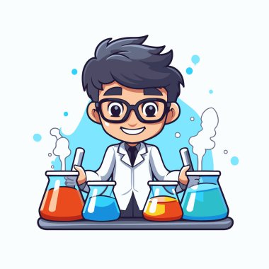 Bilim adamı çocuk çizgi film karakteri bilim ekipmanı vektör çizimi grafik tasarımı.