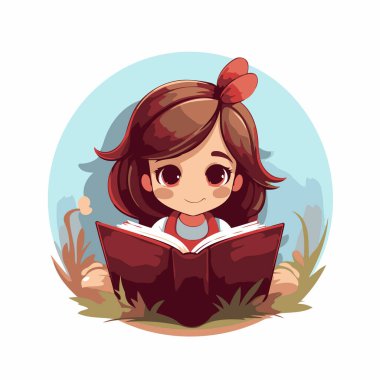 Çimlerin üzerinde kitap okuyan tatlı küçük bir kız. Vektör illüstrasyonu.