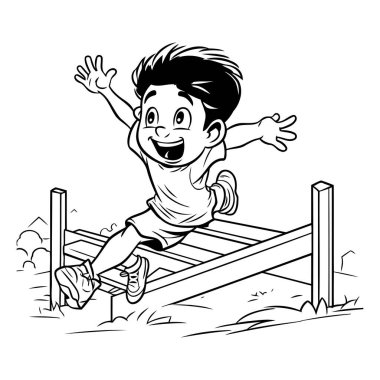 Çocuk engelin üzerinden atlıyor. Boyama kitabı için siyah ve beyaz vektör çizimi.