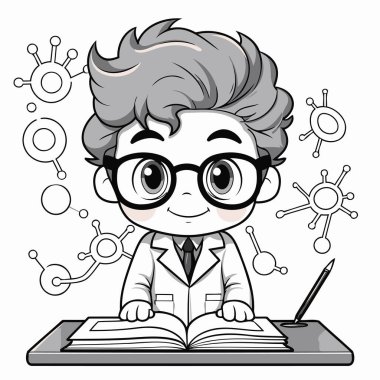 Gözlüklü ve beyaz arka planda kitap okuyan bir çocuğun vektör çizimi