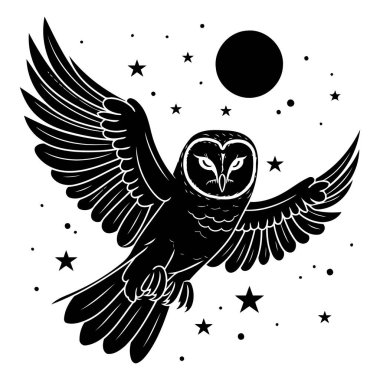 Kanatlı ve yıldızlı baykuş. Siyah beyaz vektör illüstrasyonu.