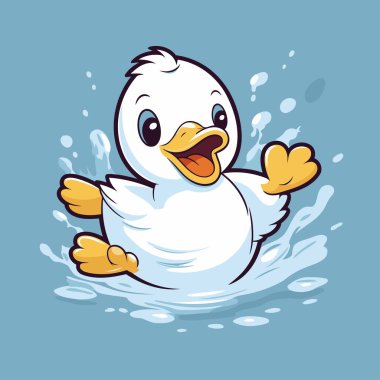 Suda uçan şirin bebek ördek çizgi filmi. Vektör illüstrasyonu.