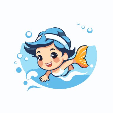 Denizde yüzen sevimli küçük bir çocuk. vektör karikatür çizimi.