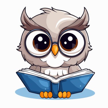 Baykuş beyaz arka planda kitap okuyor. Vektör illüstrasyonu.