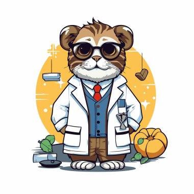 Laboratuvar önlüğü ve gözlüklü şirin kedi doktoru. Vektör illüstrasyonu.