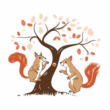 Ağaçtaki iki sincap. Beyaz arkaplanda vektör illüstrasyonu.