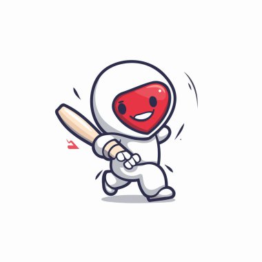 Beyzbol sopasıyla oynayan sevimli astronot çizgi film karakteri. Vektör illüstrasyonu.