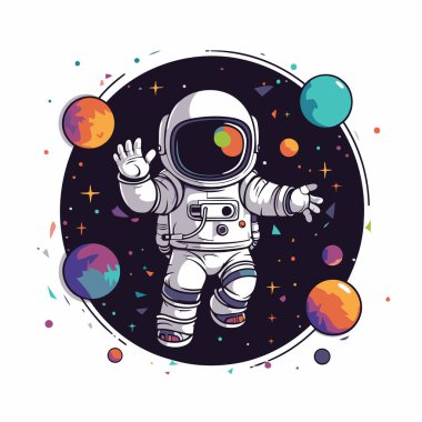 Gezegenler ve yıldız vektör grafik tasarımı ile dış uzayda astronot