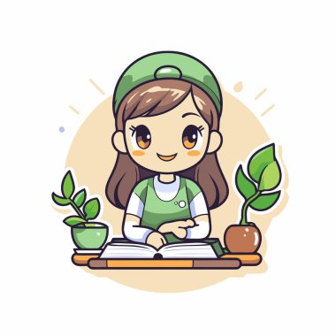 Kitap okuyan sevimli küçük bir kız. Çizgi film tarzında vektör illüstrasyonu.