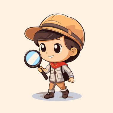 Büyüteçle gezen çocuk. Çizgi film tarzında vektör illüstrasyonu.