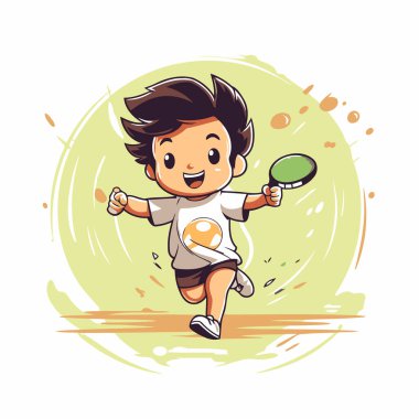 Badminton oynayan çizgi film çocuğu. Badminton oynayan bir çocuğun vektör çizimi.