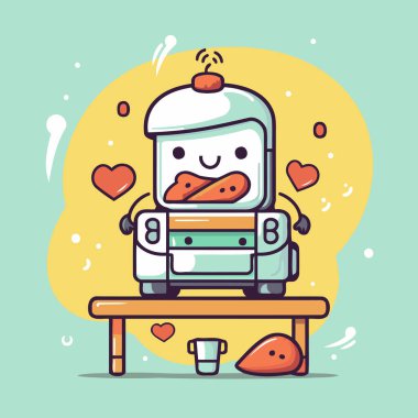 Kahve fincanı olan sevimli bir robot. Vektör çizimi. Çizgi film biçimi.