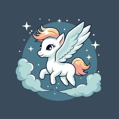 Gökyüzünde uçan şirin beyaz pegasus çizgi filmi. Vektör illüstrasyonu