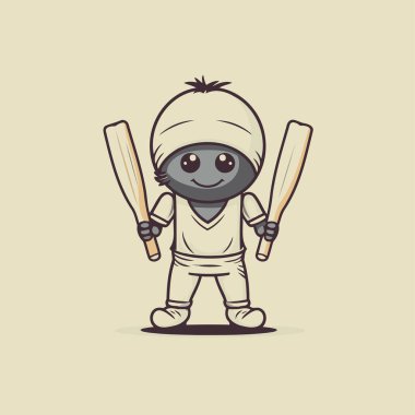 Beyzbol sopalı kriket oyuncusu. Vektör çizimi. Çizgi film karakteri.