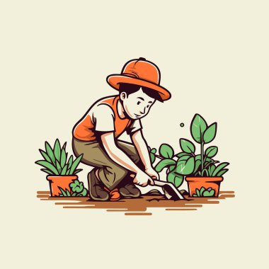 Bahçıvan bahçede ekim yapıyor. Çizgi film tarzında vektör illüstrasyonu.