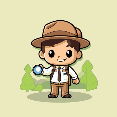 Büyüteci olan bir kaşif - Sevimli Çizgi Film Vektör Karakteri