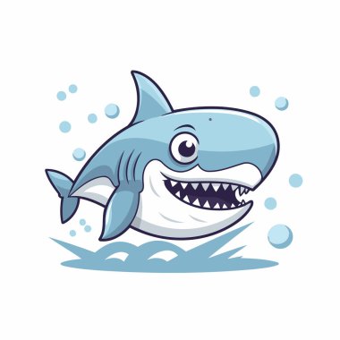 Suda şirin bir karikatür köpekbalığı. Vektör illüstrasyonu beyaz arkaplanda izole edildi.