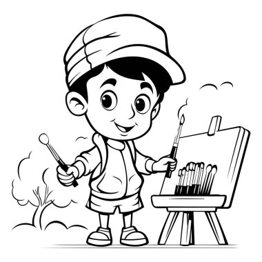 Çizgi film sanatçısı fırça ve sehpayla. Vektör illüstrasyonu.