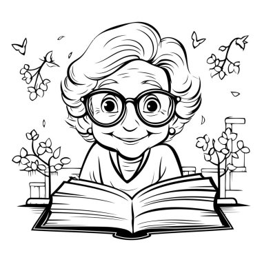 Büyükannem bir kitap okuyor. Siyah-Beyaz Çizgi Film İllüstrasyonu. Vektör