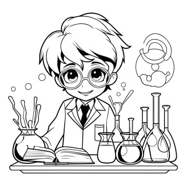 Siyahi ve Beyaz Çocuk Çizgi Filmi Çizim Kitabı için Bilim Araştırması Yapan Öğrencinin Çizimi