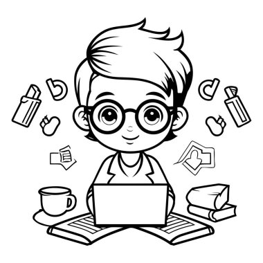 Dizüstü bilgisayar vektörü çizimi, tasarım vektörü, grafik tasarımı, sevimli küçük öğrenci çocuk.