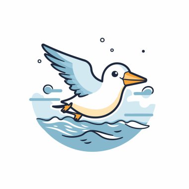 Martı denizde uçuyor. Düz biçimli vektör illüstrasyonu