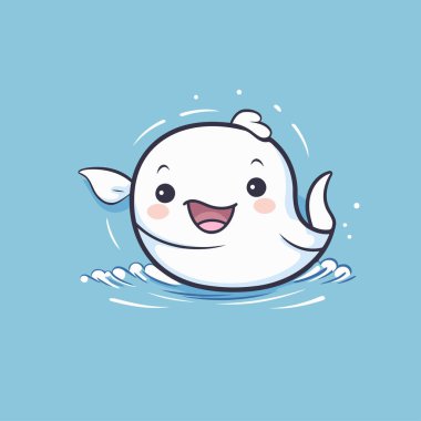 Denizde şirin beyaz balina. Çizgi film karakterinin vektör illüstrasyonu