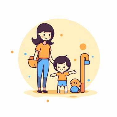 Anne ve oğul birlikte oynuyorlar. Düz tasarım tarzında vektör illüstrasyonu.