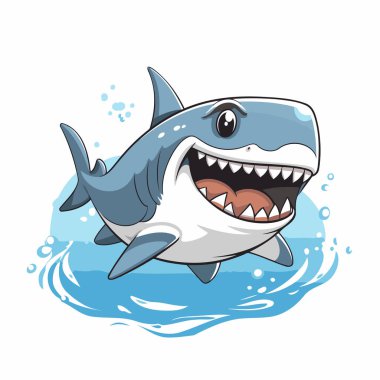 Köpekbalığı çizgi film karakteri. Beyaz arkaplanda izole edilmiş vektör illüstrasyonu.