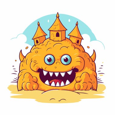 Beyaz arka planda şatosu olan komik bir canavar. Vektör çizgi film illüstrasyonu.