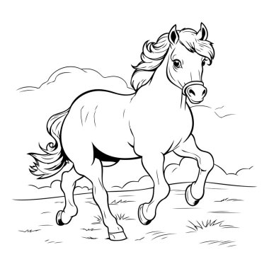 Tarladaki at. Tasarımın için çizim. Vektör illüstrasyonu