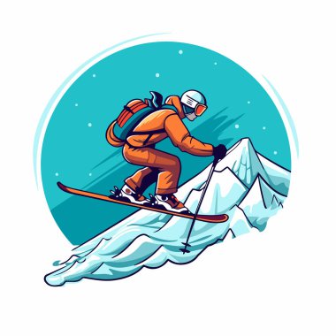 Dağda kayak yapan kasklı ve kasklı kayakçının temsili..