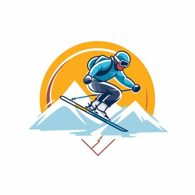 Dağlarda atlayan bir snowboardcu. Dağlarda atlayan snowboardcuların vektör çizimi.