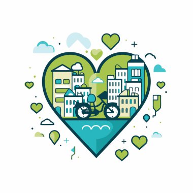 Şehir manzarası kalp şeklinde. Renkli düz vektör illüstrasyonu.