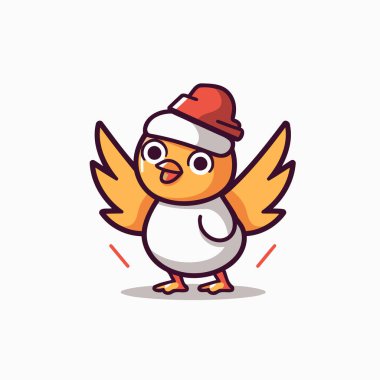 Noel Baba şapkalı şirin küçük tavuk. Vektör illüstrasyonu.