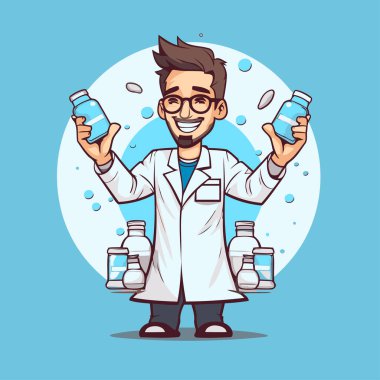 İlaç şişeleriyle çizgi film doktoru. Çizgi film tarzında vektör illüstrasyonu.