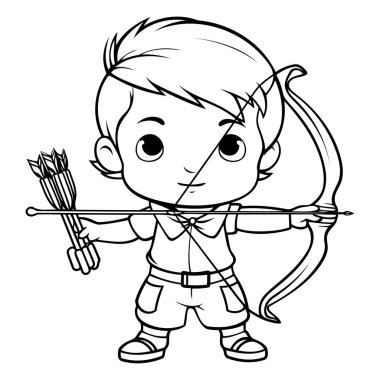 Siyah ve Beyaz Çizgi Roman Boyama Kitabı için Yay ve Ok kullanan Sevimli Çocuğun Çizgi Filmi