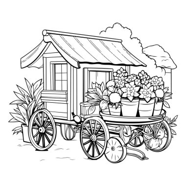 Çiçekli bir arabanın el çizimi tasviri. Boyama kitabı.