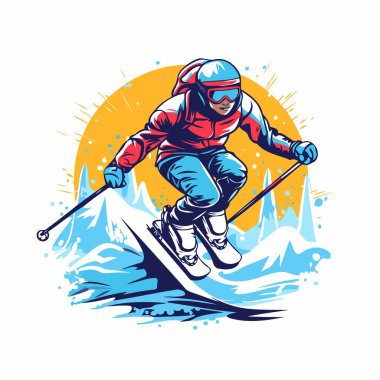 Kayak yapıyorum. Kayakçı. Snowboard sporcusu. Vektör illüstrasyonu