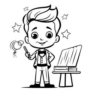 Şirin Çocuk Sanatçı - Siyah ve Beyaz Çizgi Film İllüstrasyonu. Vektör