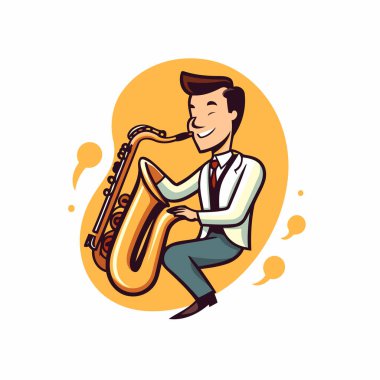 Saksafon çalan bir adam. Müzik aleti. Çizgi film tarzında vektör illüstrasyonu