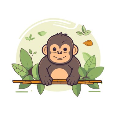 Şirin maymun dalda yapraklarla oturuyor. Vektör illüstrasyonu.