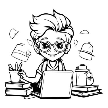 Dizüstü bilgisayarı ve boyama kitabı olan bir çocuğun siyah beyaz çizgi film çizimi